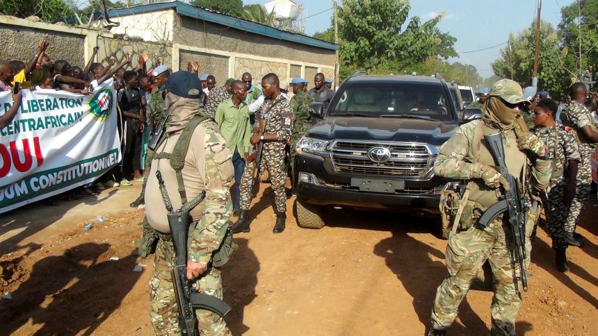 Russian officers from the Wagner Group are seen around Central African President Faustin-Archange Touadera in Bangui