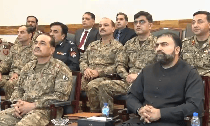 Chief of Army Staff (COAS) Field Marshal Asim Munir sits next to Balochistan Chief Minister Sarfraz Bugti