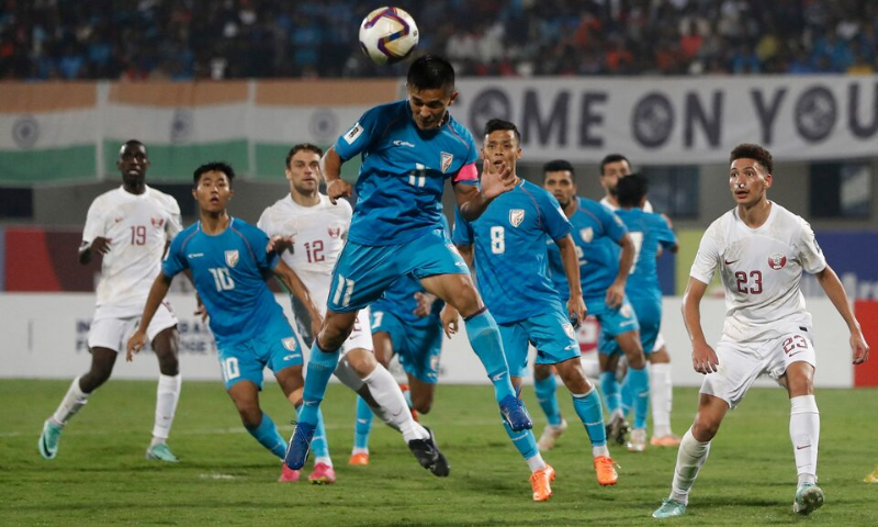 India’s Sunil Chhetri in action at the AFC Qualifiers at Kalinga Stadium, Bhubaneswar, India