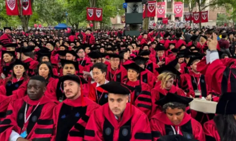 Graduates gather as they attend commencement ceremony at Harvard University in Cambridge, Massachusetts