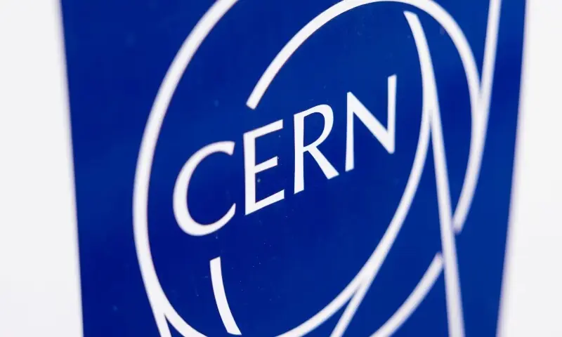 The European Organisation for Nuclear Research (CERN) logo is pictured on a car near Geneva, Switzerland
