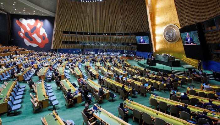 Russia's Foreign Minister Sergei Lavrov addresses the 78th Session of the UN General Assembly in New York City, US