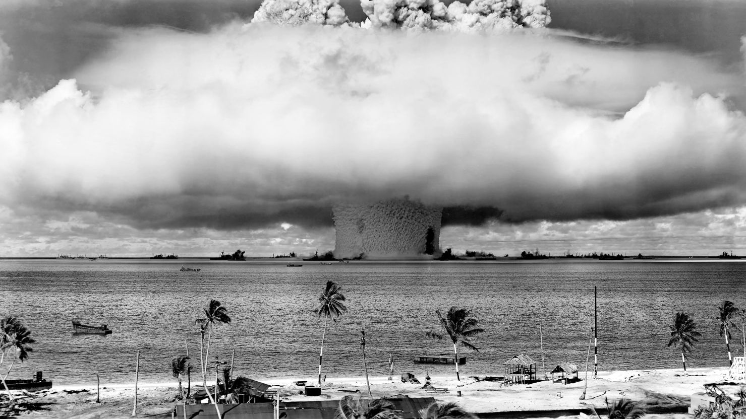 A mushroom-shaped cloud and water column produced from the underwater Baker nuclear explosion of July 25, 1946, in the Marshall Islands