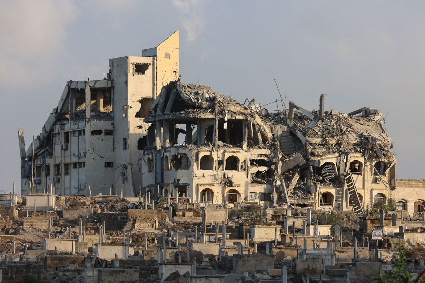 The destroyed Gaza municipality building in Gaza City