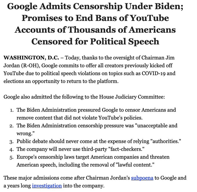Google Admits Biden Administration Pressured YouTube to Censor COVID and Election Content